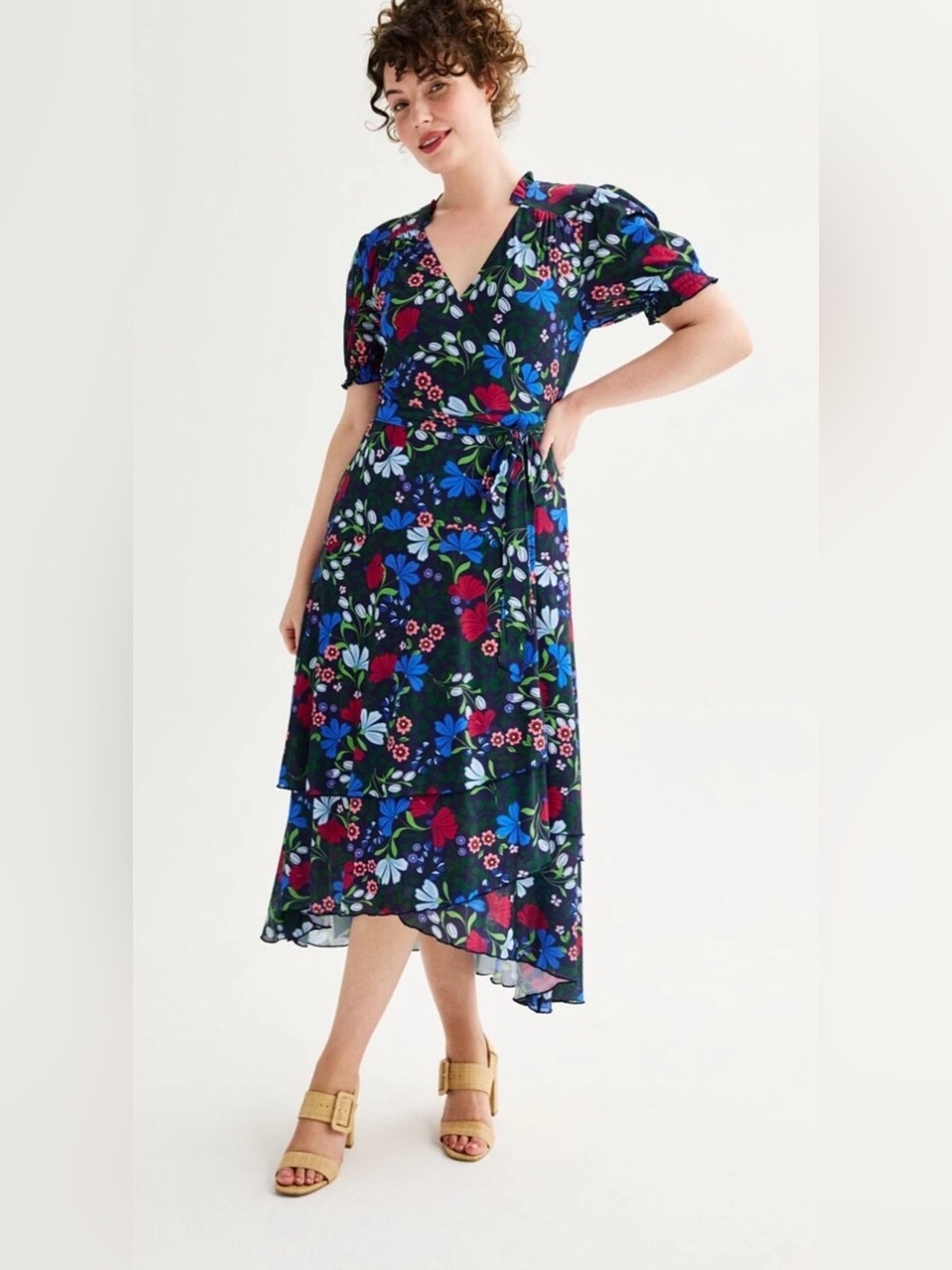 Draper James • Floral Wrap Midi Dress • Puff Sleeve - Tiered Hem • Size XL